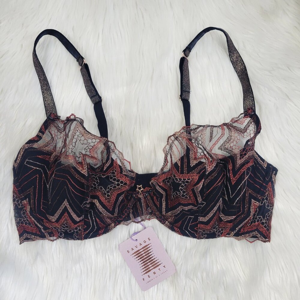 NWT Savage X Fenty Bra 38DDD Lace Stars Lingerie New Black